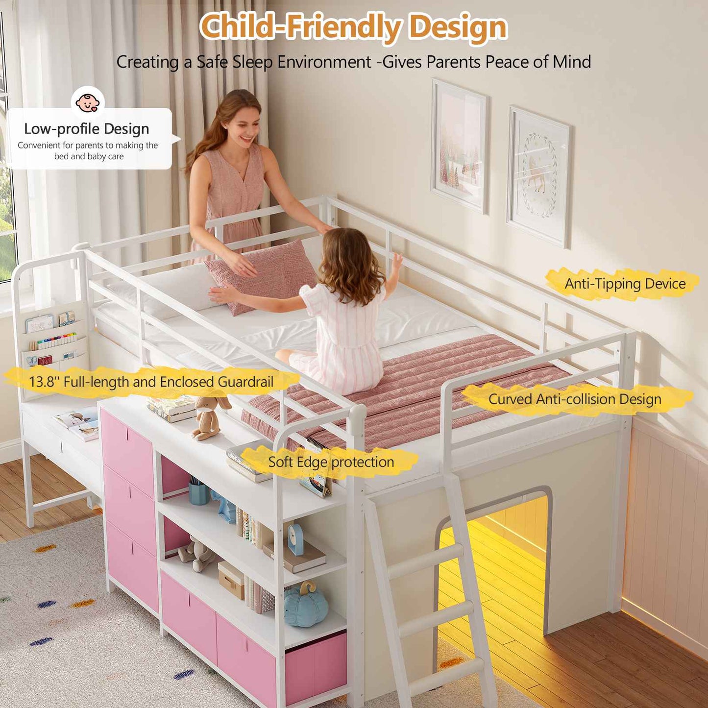 DICTAC | Twin Low Loft Bed for Kids with Desk, Storage Drawers, Bookshelf & Play Tent, LED Lights, Metal Loft Bed with Guardrail (Blue & Black)