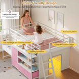 DICTAC | Twin Low Loft Bed for Kids with Desk, Storage Drawers, Bookshelf & Play Tent, LED Lights, Metal Loft Bed with Guardrail (Blue & Black)