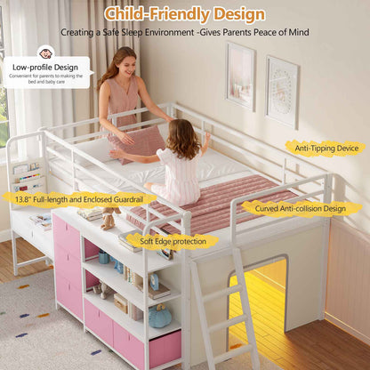 DICTAC | Twin Low Loft Bed for Kids with Desk, Storage Drawers, Bookshelf & Play Tent, LED Lights, Metal Loft Bed with Guardrail (Blue & Black)