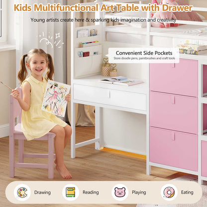 DICTAC | Twin Low Loft Bed for Kids with Desk, Storage Drawers, Bookshelf & Play Tent, LED Lights, Metal Loft Bed with Guardrail (Blue & Black)