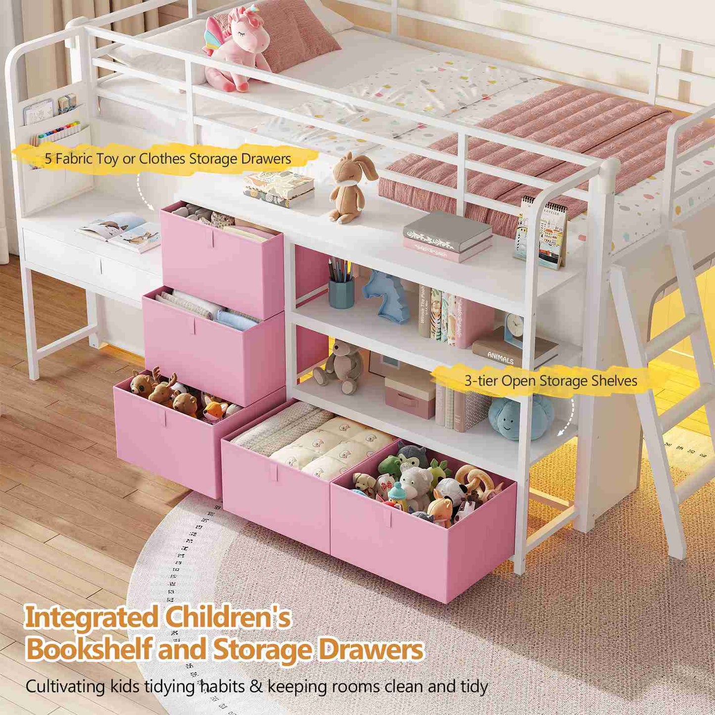 DICTAC | Twin Low Loft Bed for Kids with Desk, Storage Drawers, Bookshelf & Play Tent, LED Lights, Metal Loft Bed with Guardrail (Blue & Black)