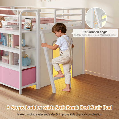 DICTAC | Twin Low Loft Bed for Kids with Desk, Storage Drawers, Bookshelf & Play Tent, LED Lights, Metal Loft Bed with Guardrail (Blue & Black)