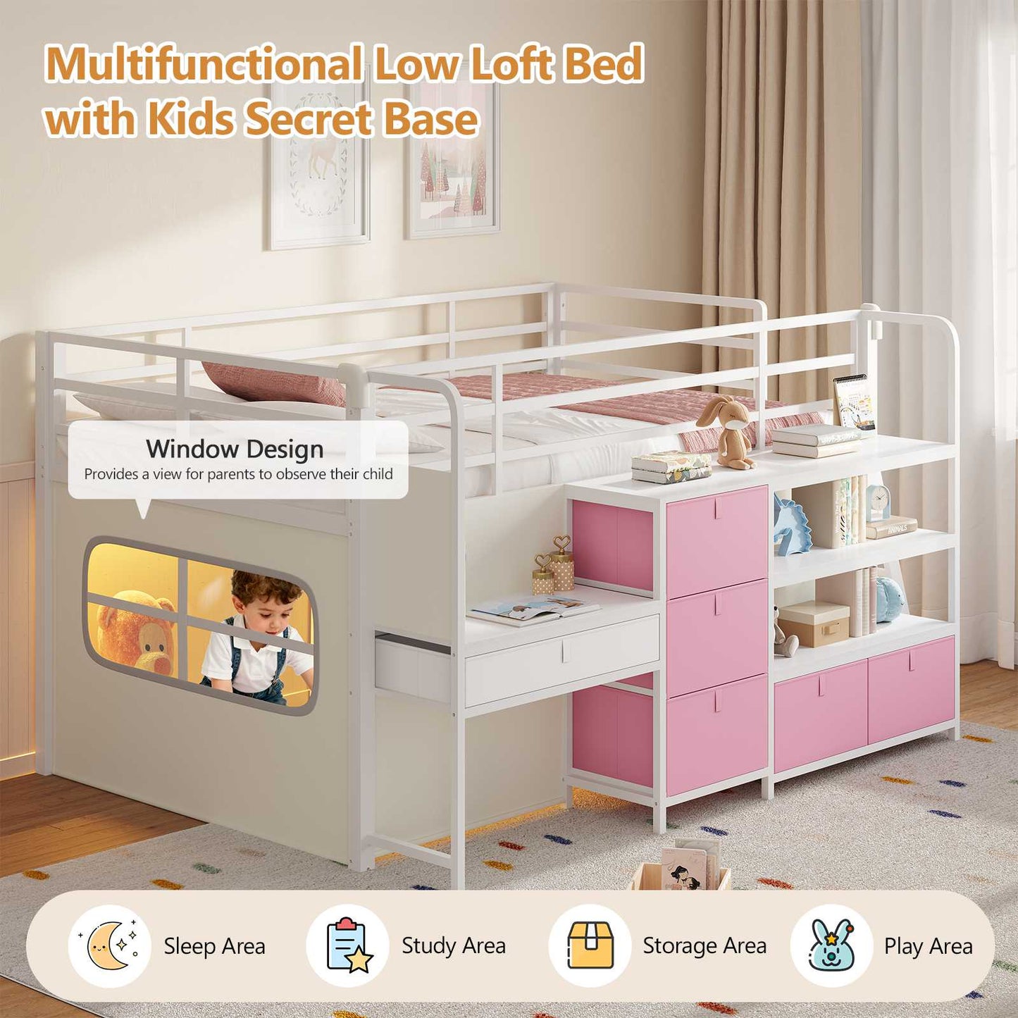 DICTAC | Twin Low Loft Bed for Kids with Desk, Storage Drawers, Bookshelf & Play Tent, LED Lights, Metal Loft Bed with Guardrail (Blue & Black)