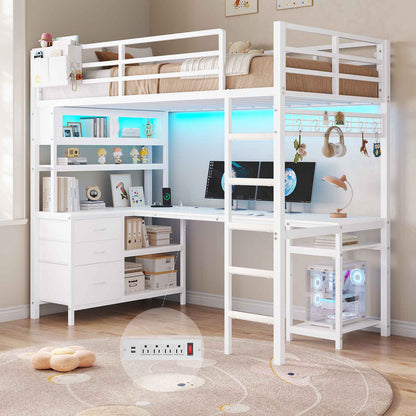 DICTAC | Twin Loft Bed with L-Shaped Gaming Desk, Glass Cabinet, Storage Drawers, LED Lights & Charging Station (White/Black)
