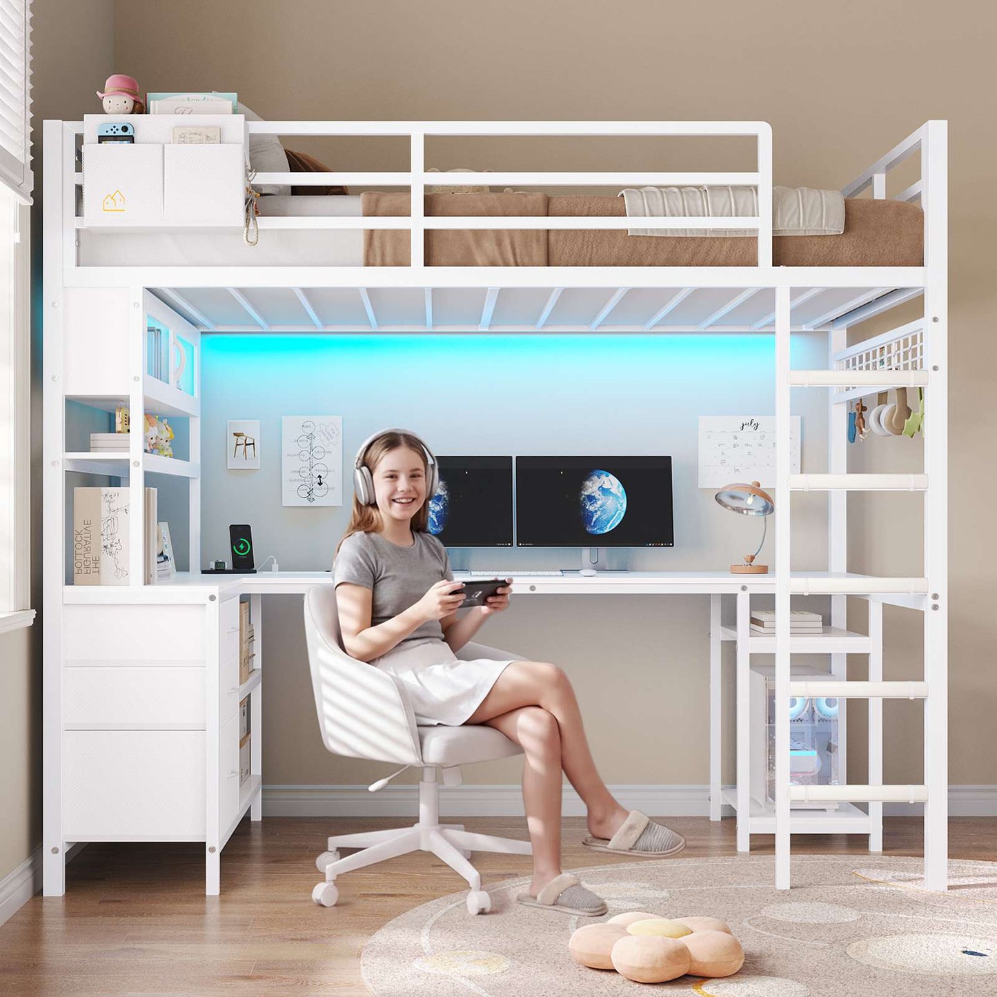 DICTAC | Twin Loft Bed with L-Shaped Gaming Desk, Glass Cabinet, Storage Drawers, LED Lights & Charging Station (White/Black)
