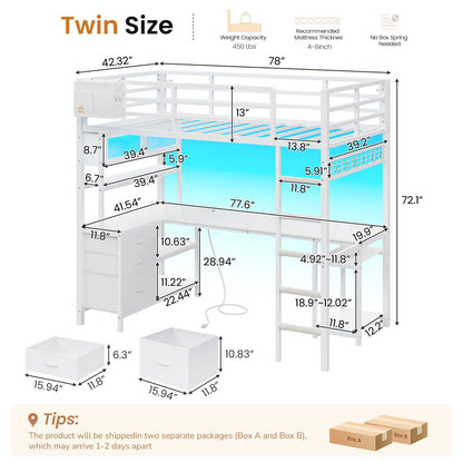 DICTAC | Twin Loft Bed with L-Shaped Gaming Desk, Glass Cabinet, Storage Drawers, LED Lights & Charging Station (White/Black)