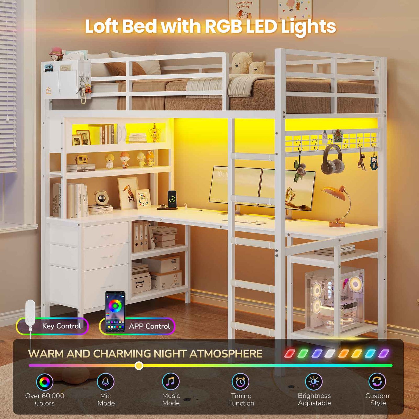 DICTAC | Twin Loft Bed with L-Shaped Gaming Desk, Glass Cabinet, Storage Drawers, LED Lights & Charging Station (White/Black)