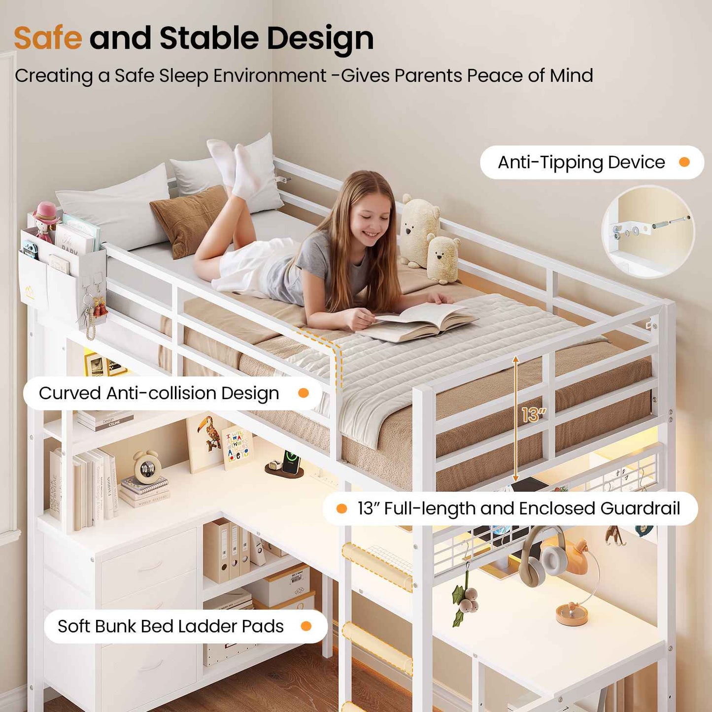 DICTAC | Twin Loft Bed with L-Shaped Gaming Desk, Glass Cabinet, Storage Drawers, LED Lights & Charging Station (White/Black)