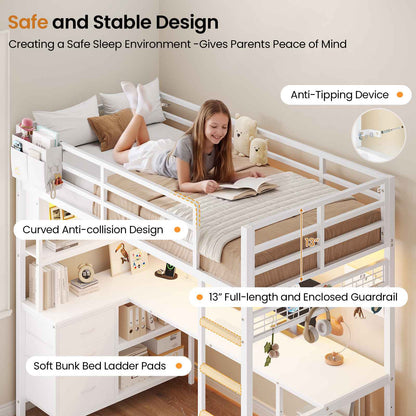 DICTAC | Twin Loft Bed with L-Shaped Gaming Desk, Glass Cabinet, Storage Drawers, LED Lights & Charging Station (White/Black)