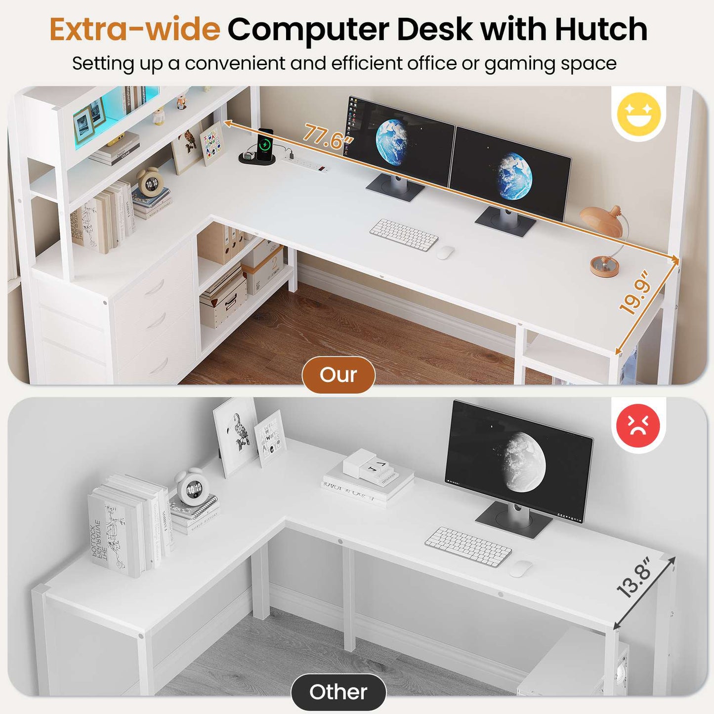 DICTAC | Twin Loft Bed with L-Shaped Gaming Desk, Glass Cabinet, Storage Drawers, LED Lights & Charging Station (White/Black)