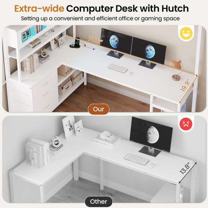 DICTAC | Twin Loft Bed with L-Shaped Gaming Desk, Glass Cabinet, Storage Drawers, LED Lights & Charging Station (White/Black)