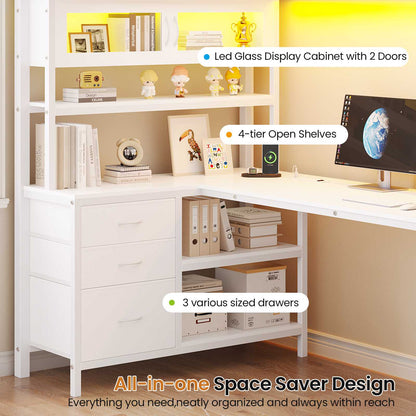 DICTAC | Twin Loft Bed with L-Shaped Gaming Desk, Glass Cabinet, Storage Drawers, LED Lights & Charging Station (White/Black)