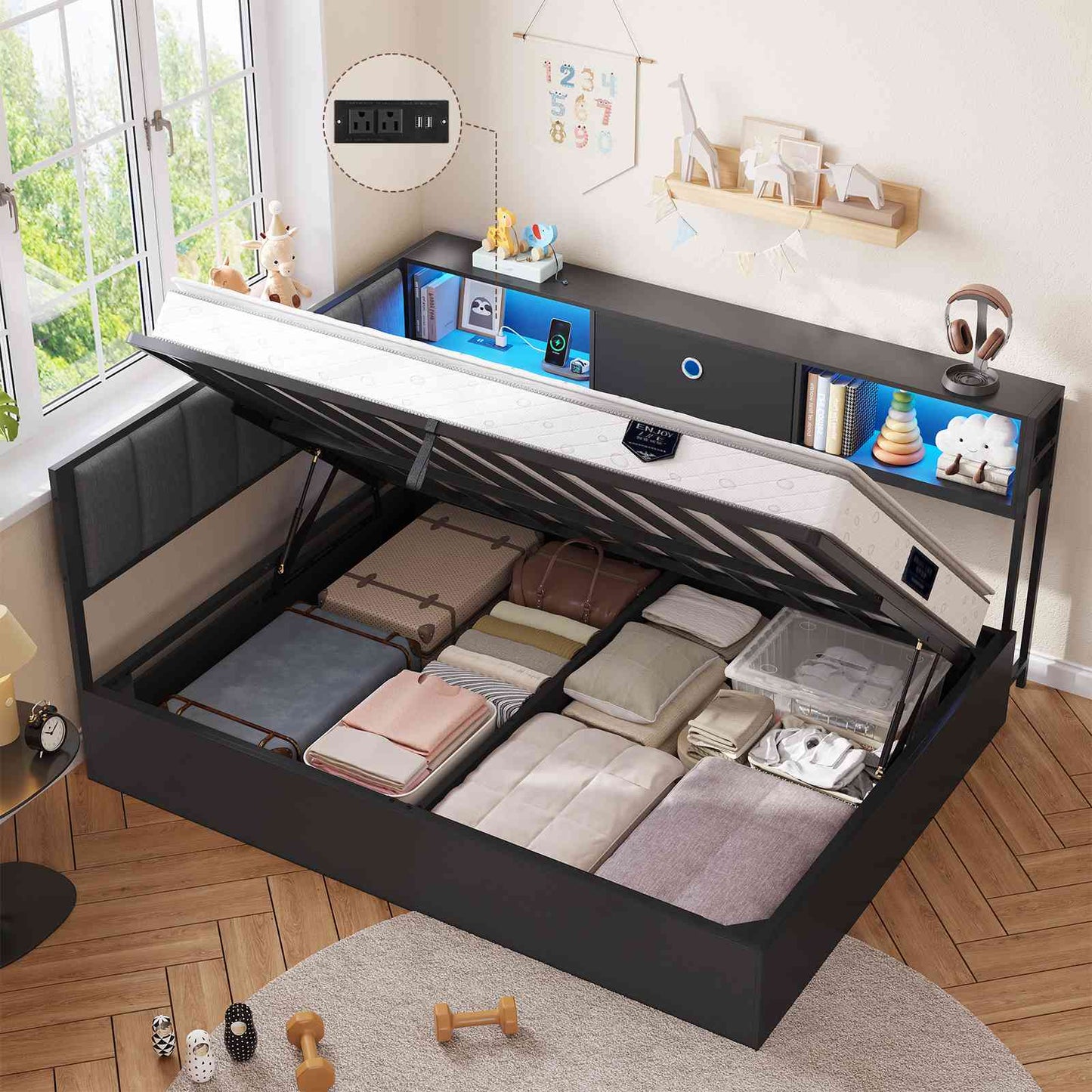 DICTAC | Corner Lift-Up Storage Bed Frame with LED Lights & Charging Station, Hydraulic Storage Daybed with Bookcase (Black)