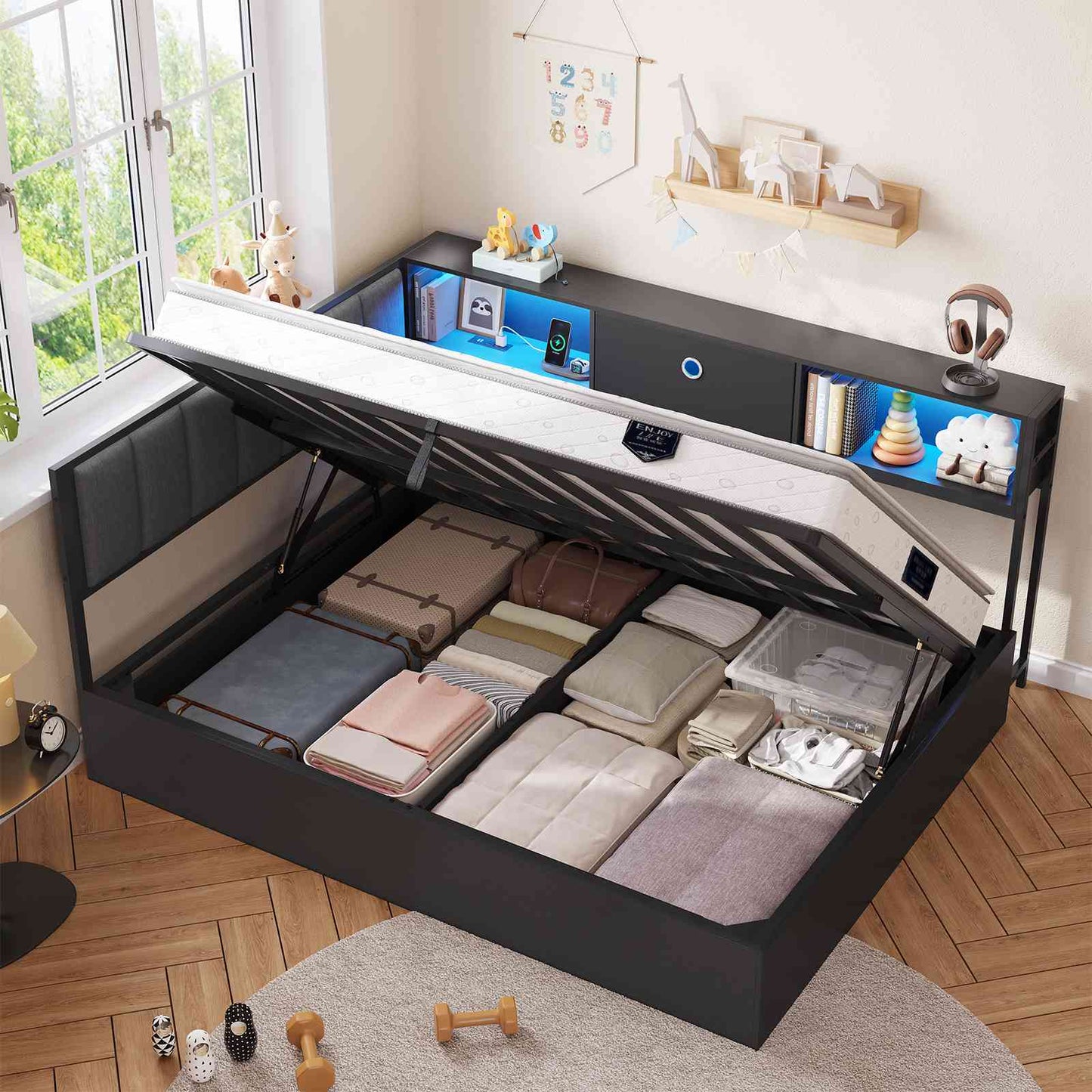 DICTAC | Corner Lift-Up Storage Bed Frame with LED Lights & Charging Station, Hydraulic Storage Daybed with Bookcase (Black)