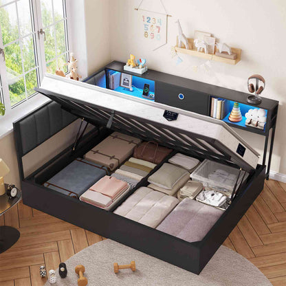 DICTAC | Corner Lift-Up Storage Bed Frame with LED Lights & Charging Station, Hydraulic Storage Daybed with Bookcase (Black)