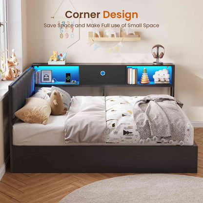 DICTAC | Corner Lift-Up Storage Bed Frame with LED Lights & Charging Station, Hydraulic Storage Daybed with Bookcase (Black)
