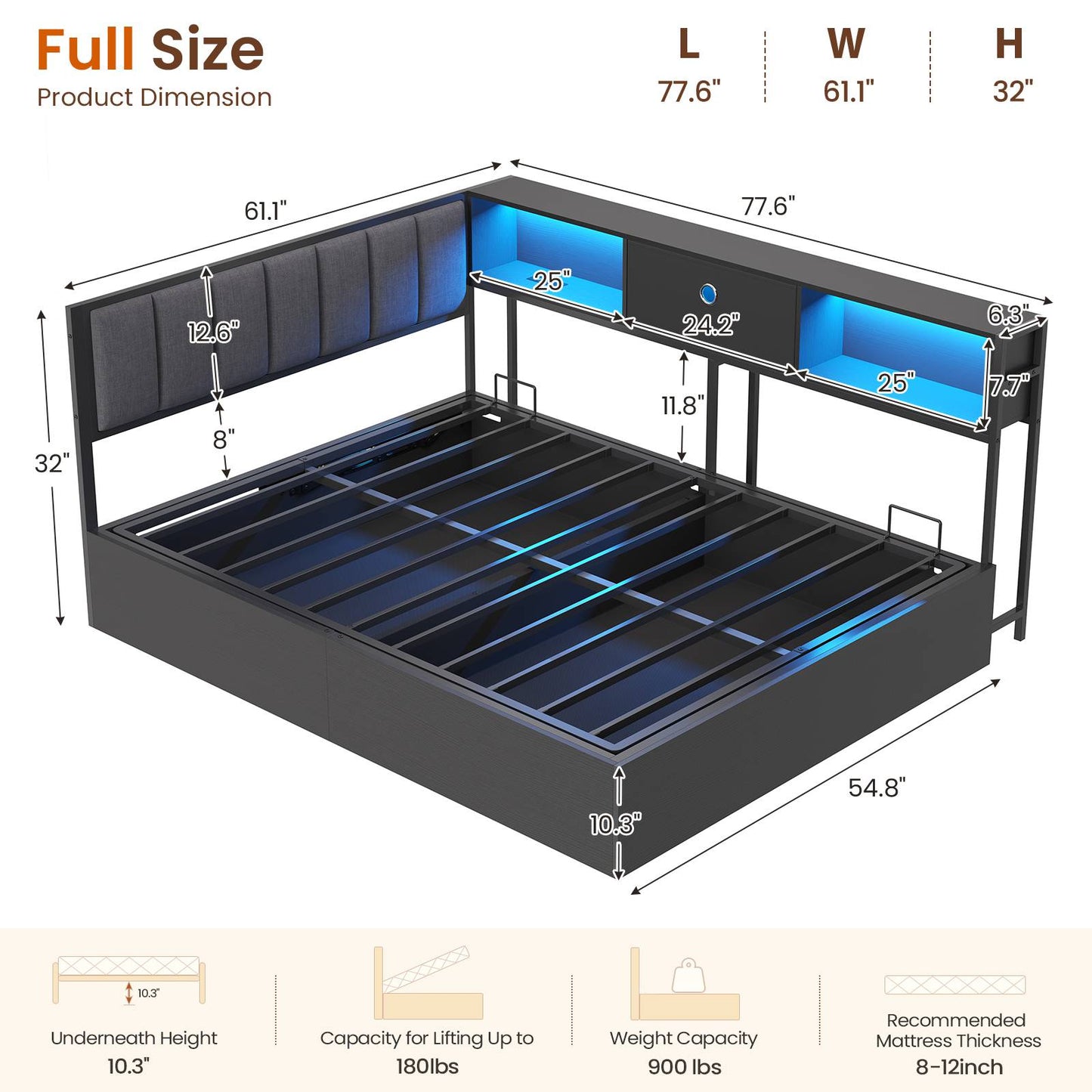 DICTAC | Corner Lift-Up Storage Bed Frame with LED Lights & Charging Station, Hydraulic Storage Daybed with Bookcase (Black)