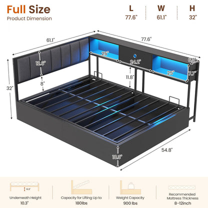 DICTAC | Corner Lift-Up Storage Bed Frame with LED Lights & Charging Station, Hydraulic Storage Daybed with Bookcase (Black)
