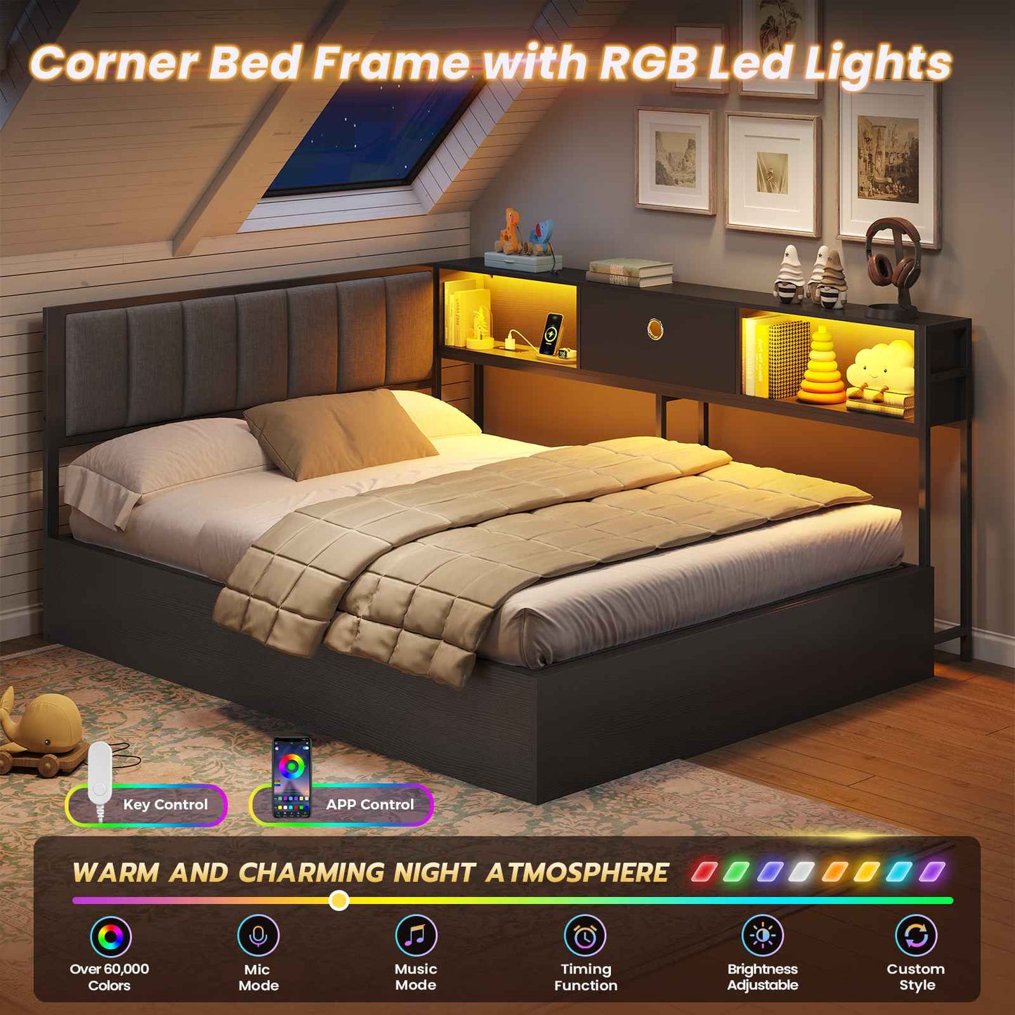 DICTAC | Corner Lift-Up Storage Bed Frame with LED Lights & Charging Station, Hydraulic Storage Daybed with Bookcase (Black)