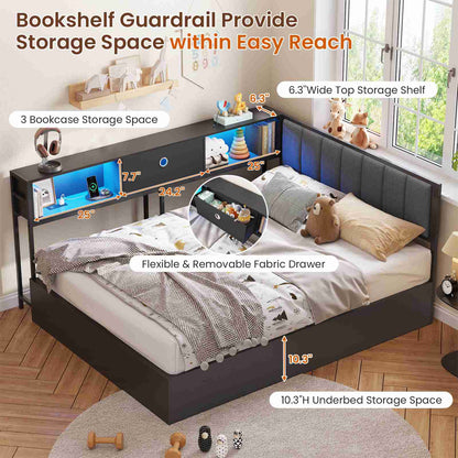 DICTAC | Corner Lift-Up Storage Bed Frame with LED Lights & Charging Station, Hydraulic Storage Daybed with Bookcase (Black)