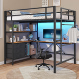 DICTAC | Loft Bed with L-Shaped Desk, Charging Station, LED Lights, Storage Shelves & Drawers - Black