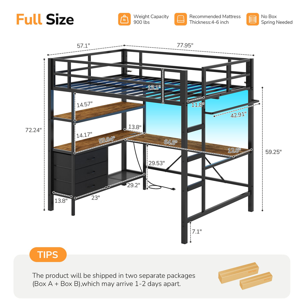 DICTAC | Loft Bed with L-Shaped Desk, Charging Station, LED Lights, Storage Shelves & Drawers - Black