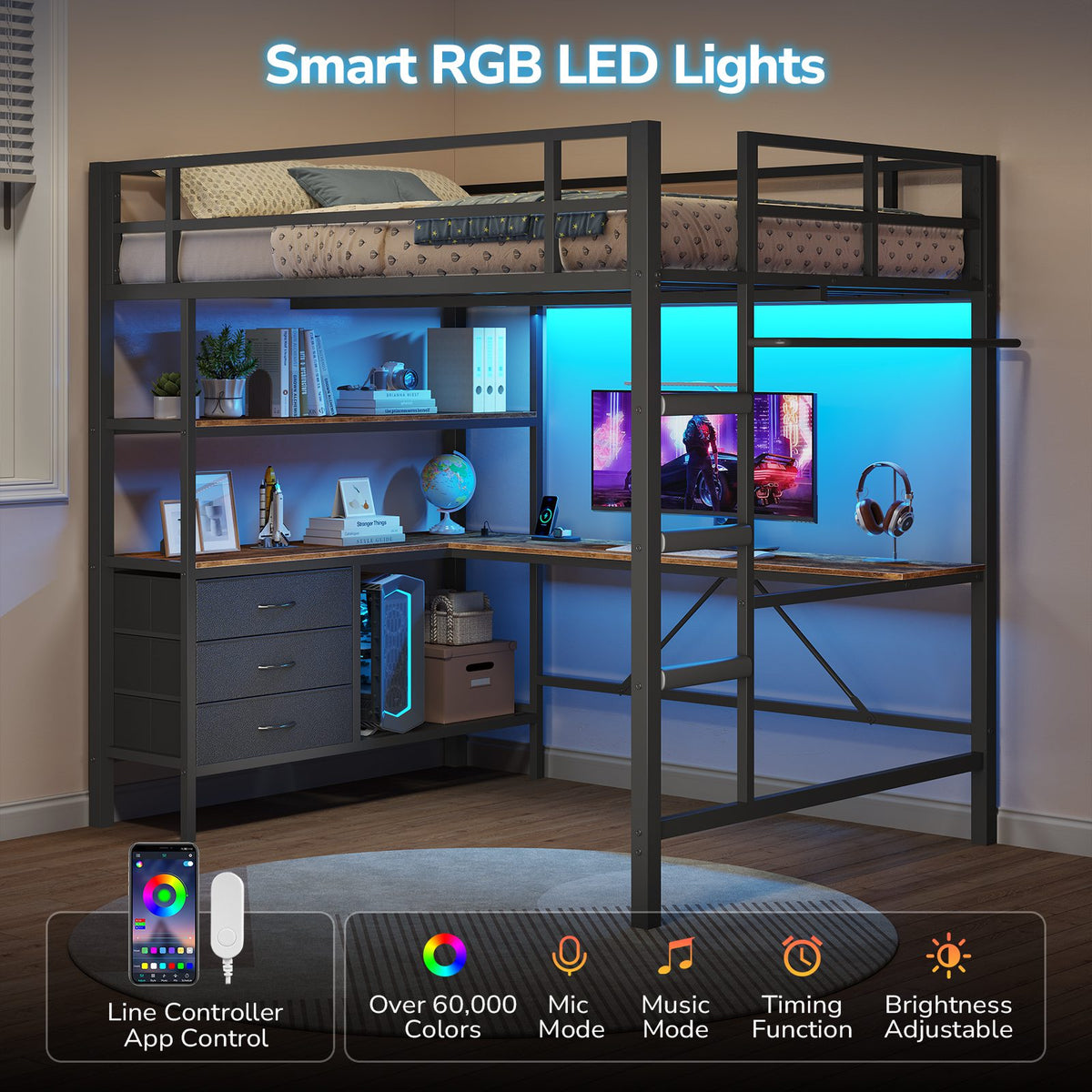 DICTAC | Loft Bed with L-Shaped Desk, Charging Station, LED Lights, Storage Shelves & Drawers - Black
