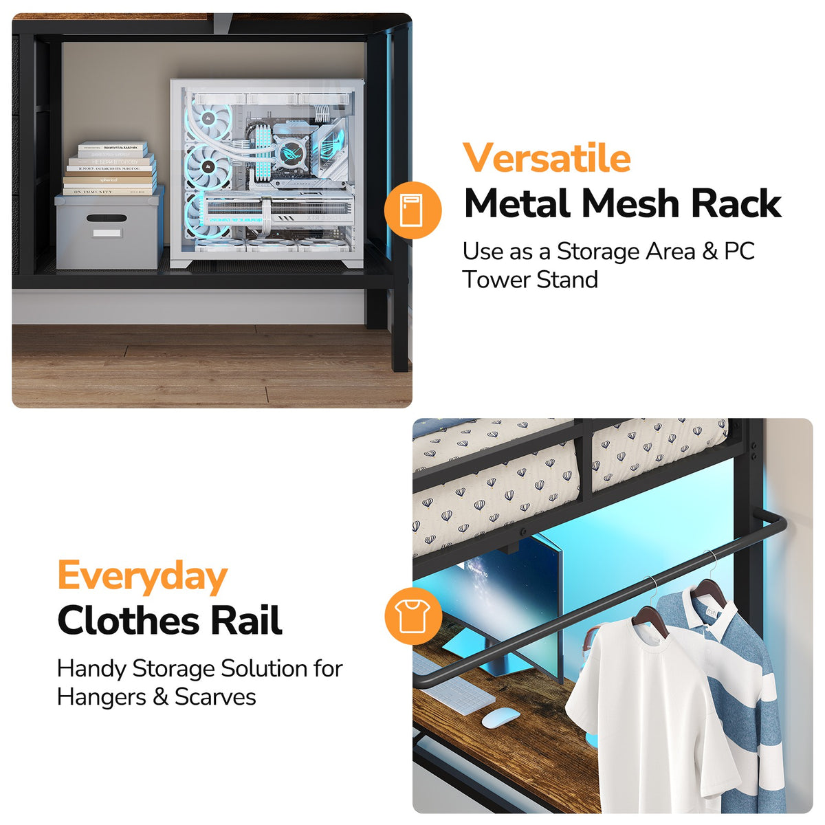 DICTAC | Loft Bed with L-Shaped Desk, Charging Station, LED Lights, Storage Shelves & Drawers - Black