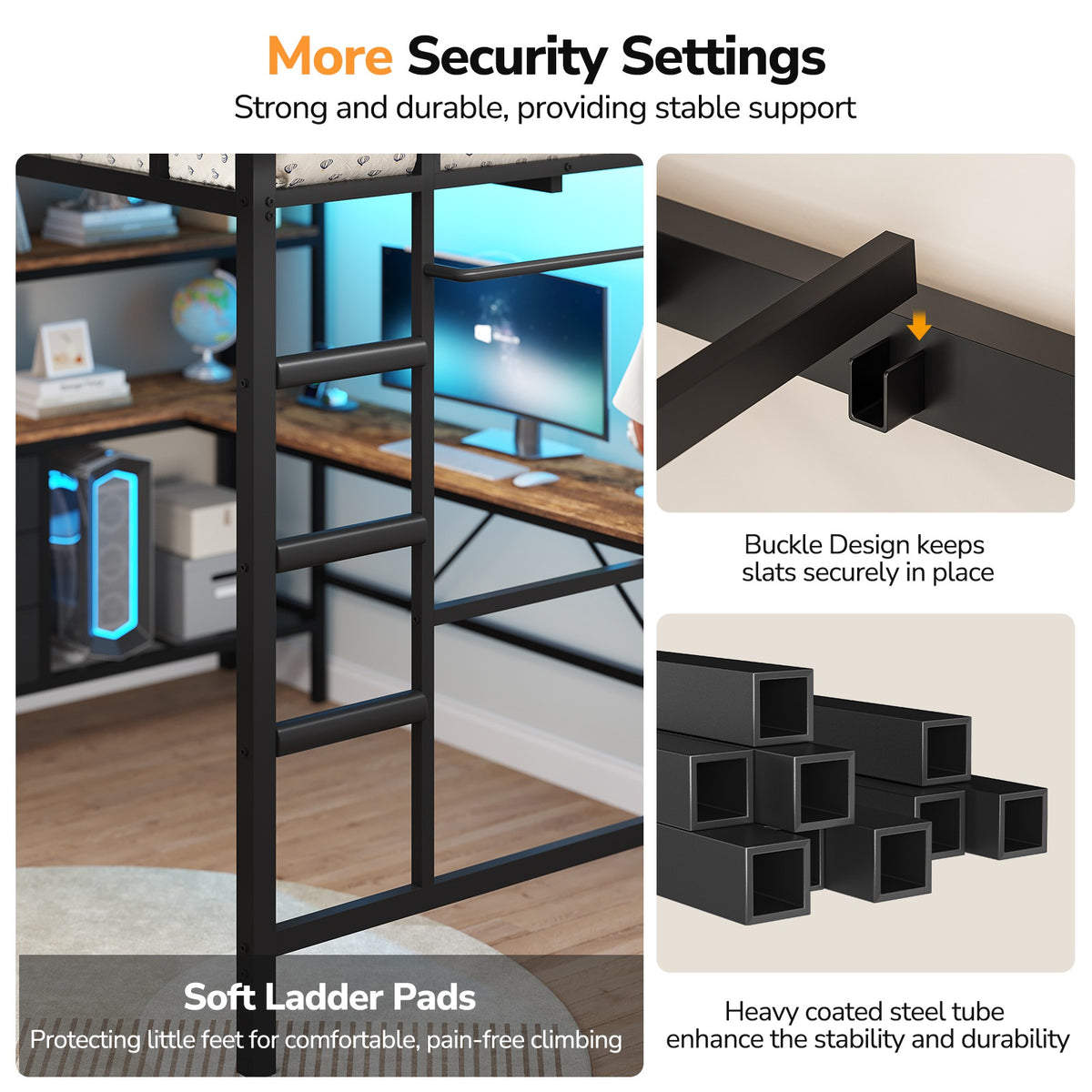 DICTAC | Loft Bed with L-Shaped Desk, Charging Station, LED Lights, Storage Shelves & Drawers - Black