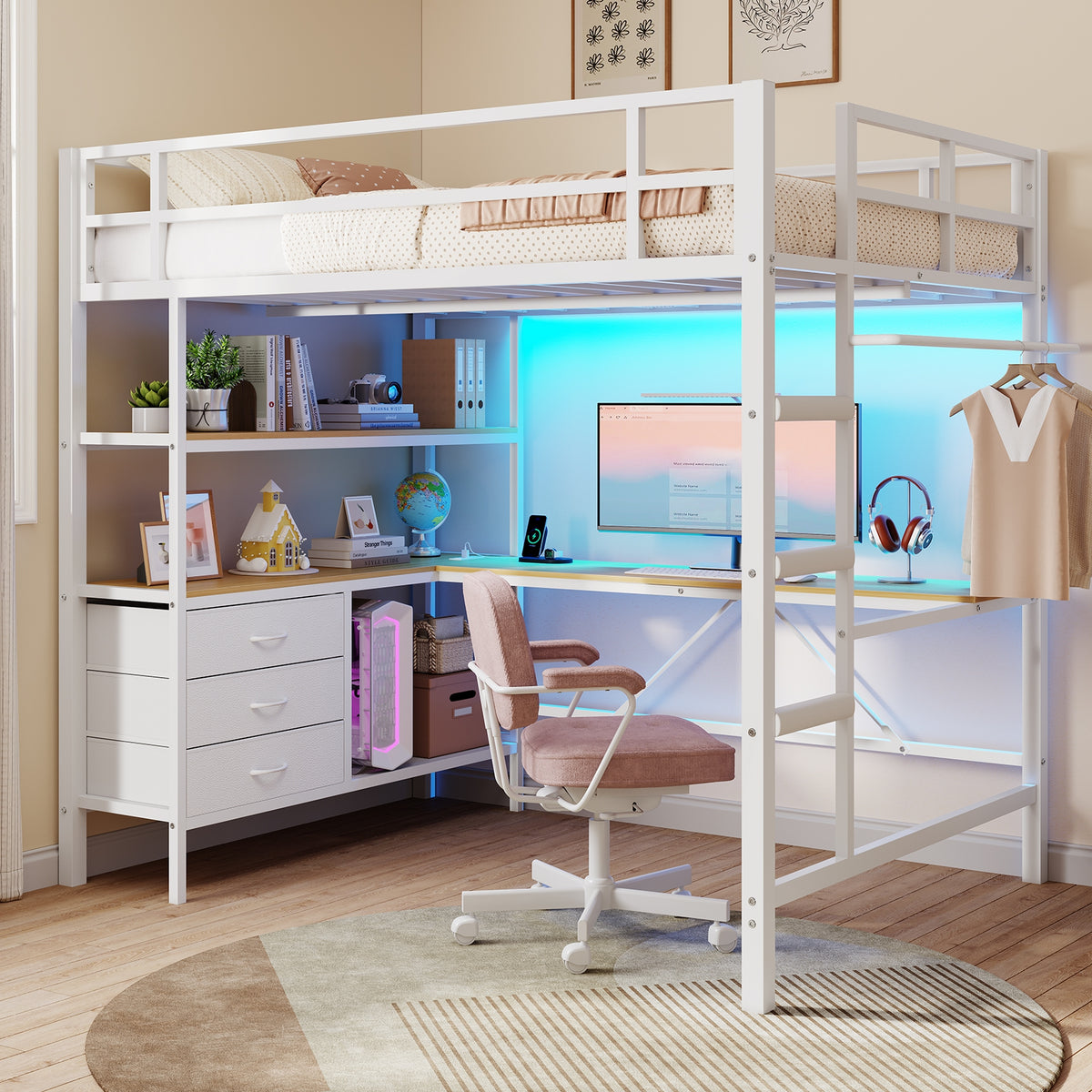 DICTAC | Loft Bed with L-Shaped Desk, Charging Station, LED Lights, Storage Shelves & Drawers - White