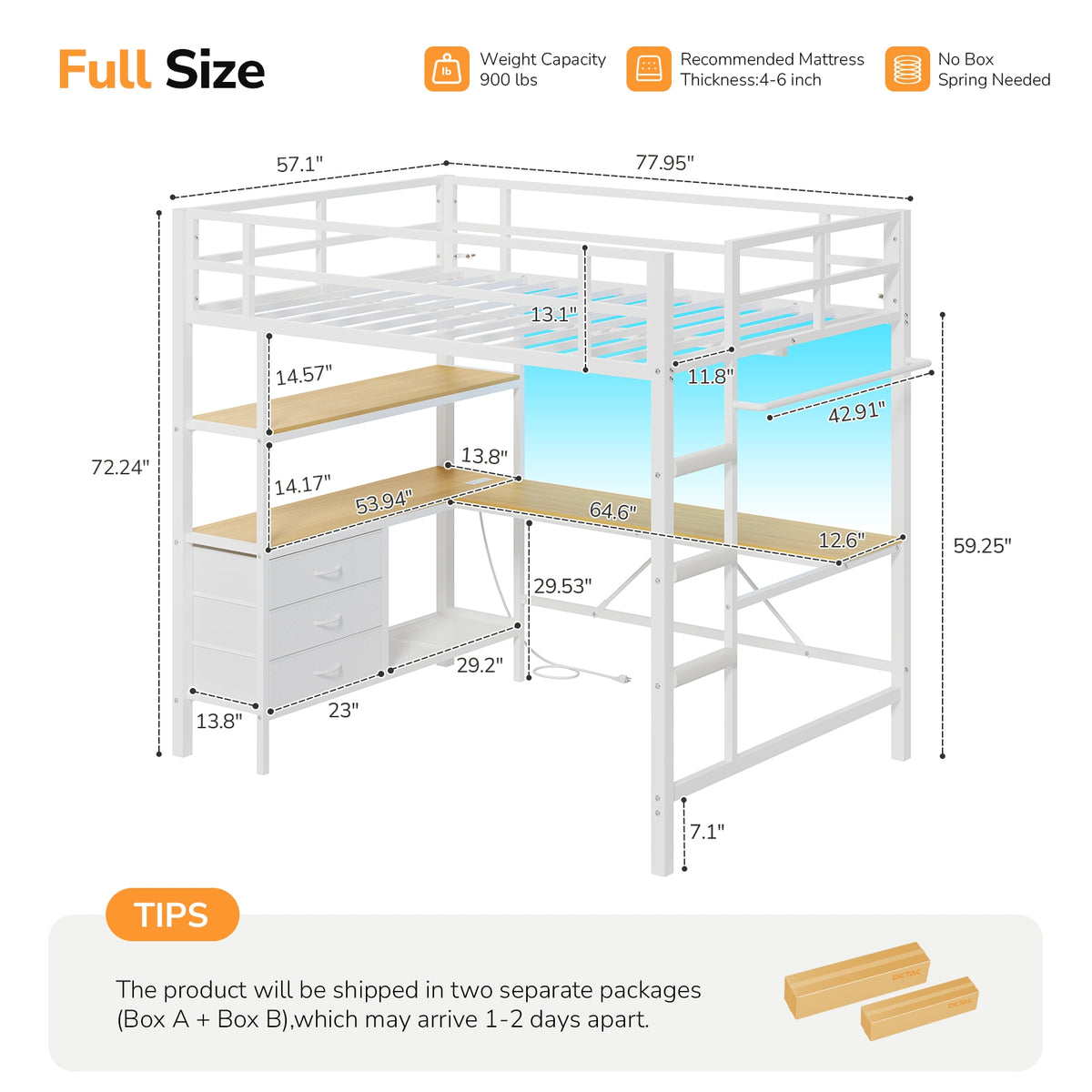 DICTAC | Loft Bed with L-Shaped Desk, Charging Station, LED Lights, Storage Shelves & Drawers - White