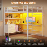 DICTAC | Loft Bed with L-Shaped Desk, Charging Station, LED Lights, Storage Shelves & Drawers - White