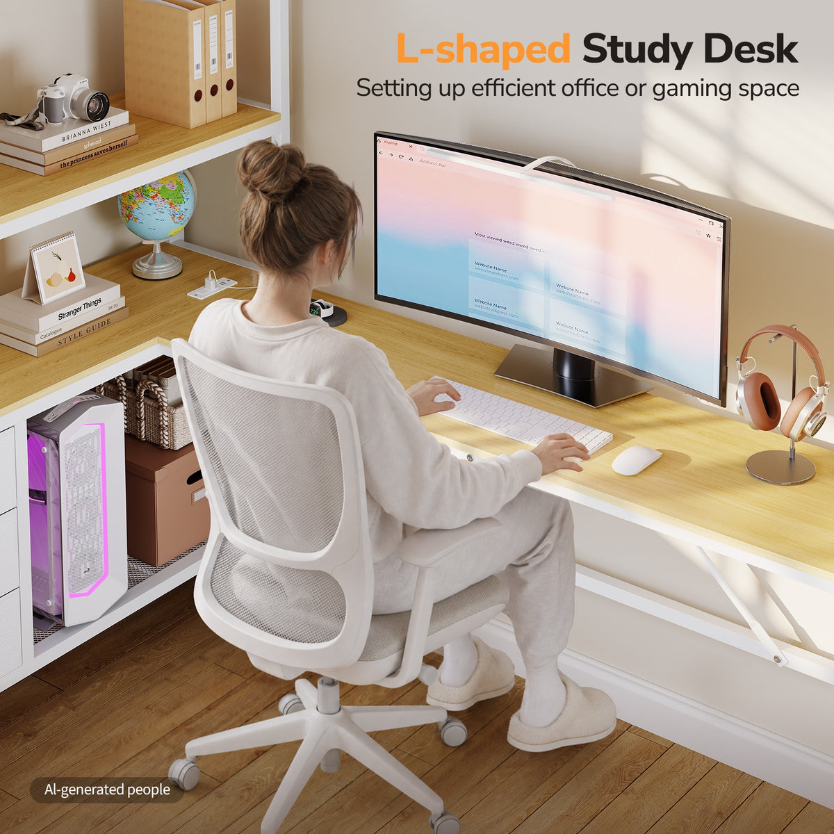 DICTAC | Loft Bed with L-Shaped Desk, Charging Station, LED Lights, Storage Shelves & Drawers - White