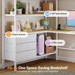 DICTAC | Loft Bed with L-Shaped Desk, Charging Station, LED Lights, Storage Shelves & Drawers - White