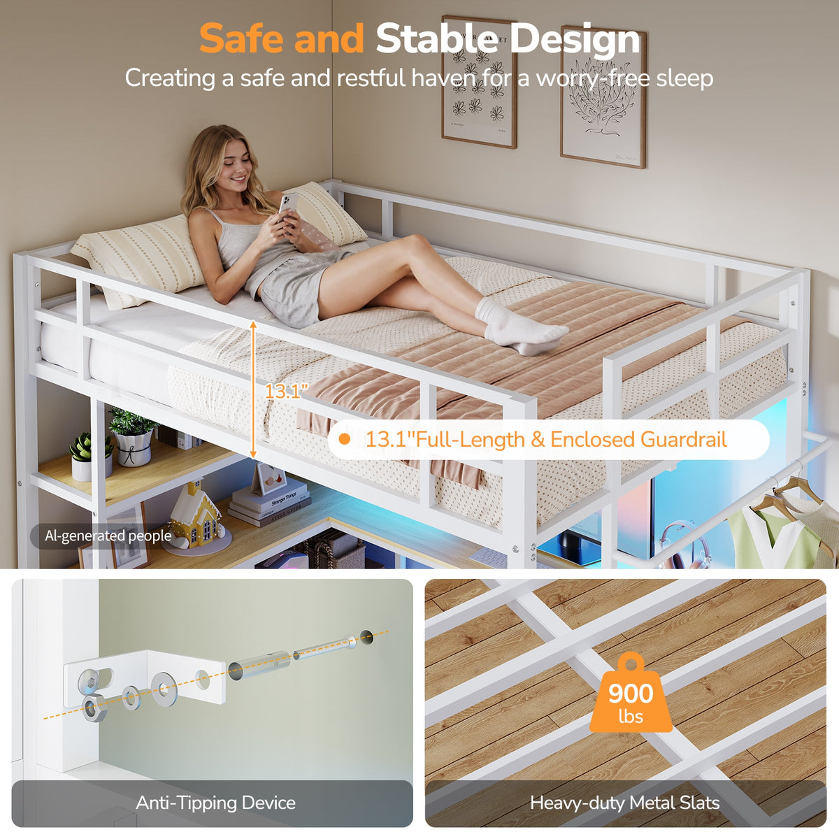 DICTAC | Loft Bed with L-Shaped Desk, Charging Station, LED Lights, Storage Shelves & Drawers - White