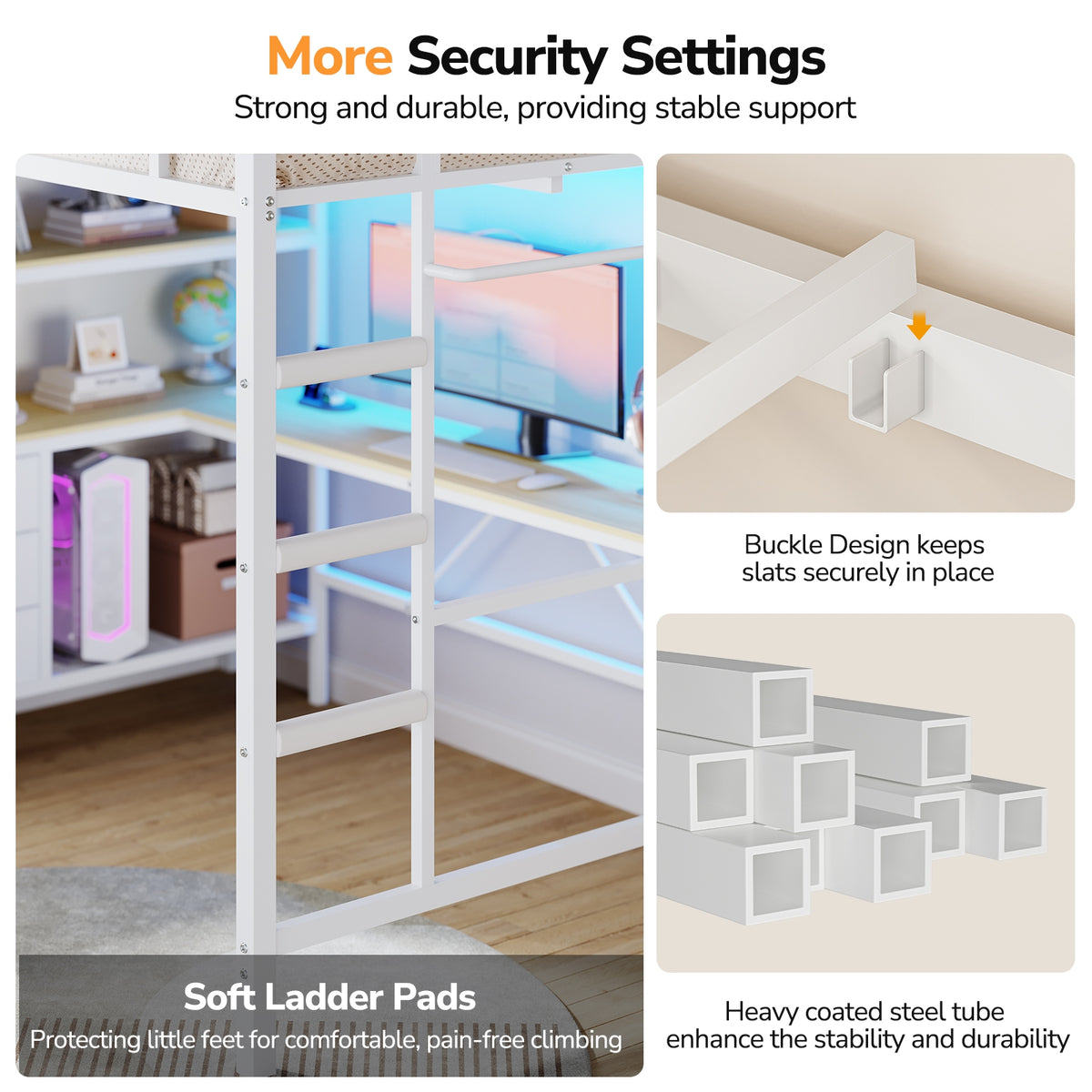 DICTAC | Loft Bed with L-Shaped Desk, Charging Station, LED Lights, Storage Shelves & Drawers - White