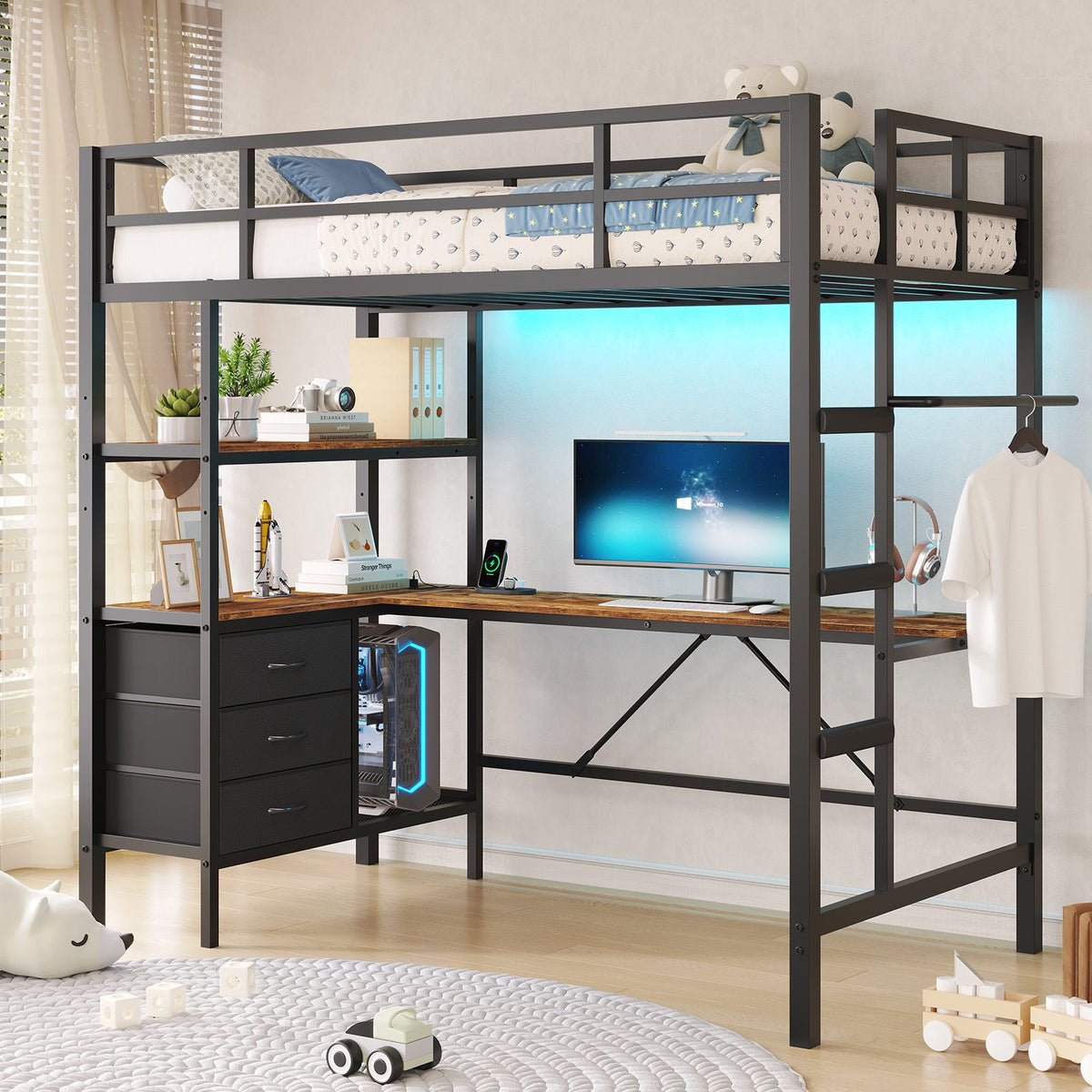 DICTAC | Loft Bed with L-Shaped Desk, Charging Station, LED Lights, Storage Shelves & Drawers - Black