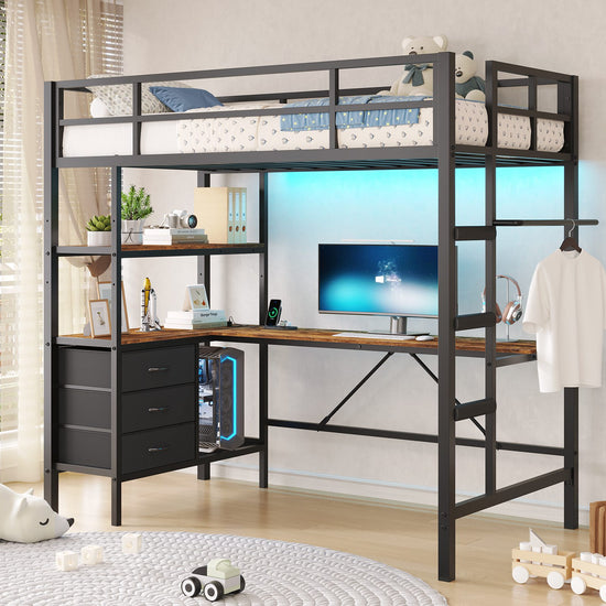 DICTAC | Loft Bed with L-Shaped Desk, Charging Station, LED Lights, Storage Shelves & Drawers - Black