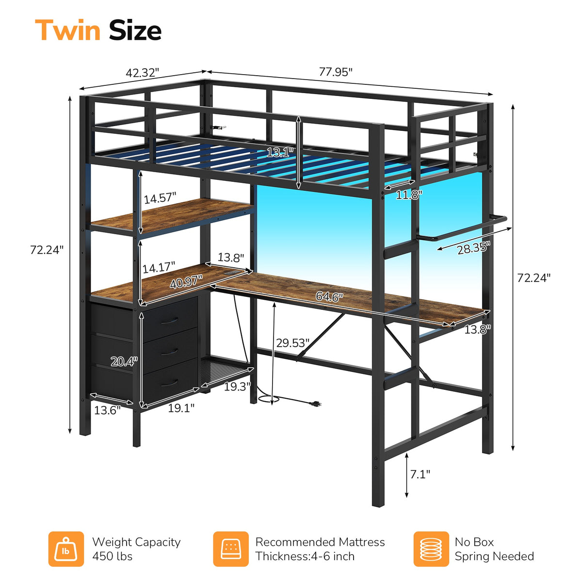 DICTAC | Loft Bed with L-Shaped Desk, Charging Station, LED Lights, Storage Shelves & Drawers - Black