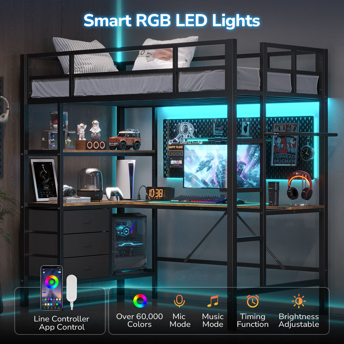 DICTAC | Loft Bed with L-Shaped Desk, Charging Station, LED Lights, Storage Shelves & Drawers - Black
