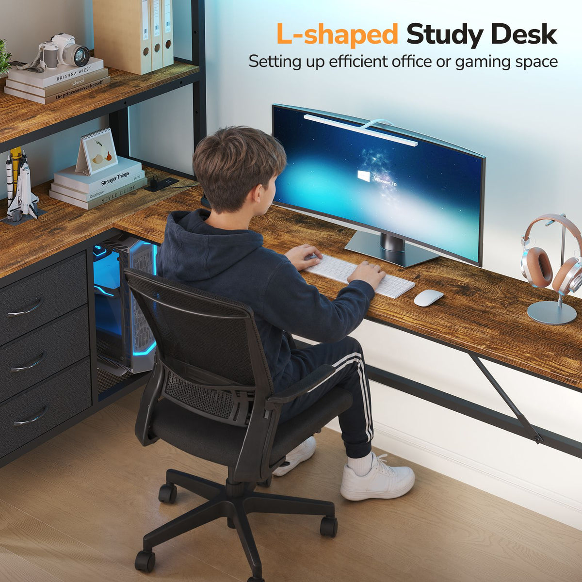 DICTAC | Loft Bed with L-Shaped Desk, Charging Station, LED Lights, Storage Shelves & Drawers - Black
