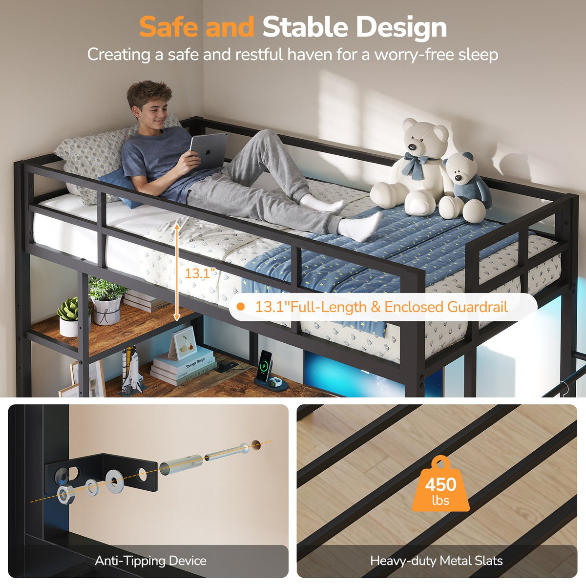 DICTAC | Loft Bed with L-Shaped Desk, Charging Station, LED Lights, Storage Shelves & Drawers - Black