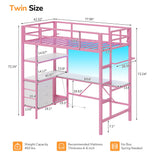 DICTAC | Loft Bed with L-Shaped Desk, Charging Station, LED Lights, Storage Shelves & Drawers - Pink