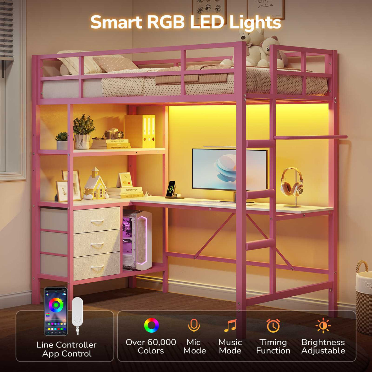 DICTAC | Loft Bed with L-Shaped Desk, Charging Station, LED Lights, Storage Shelves & Drawers - Pink