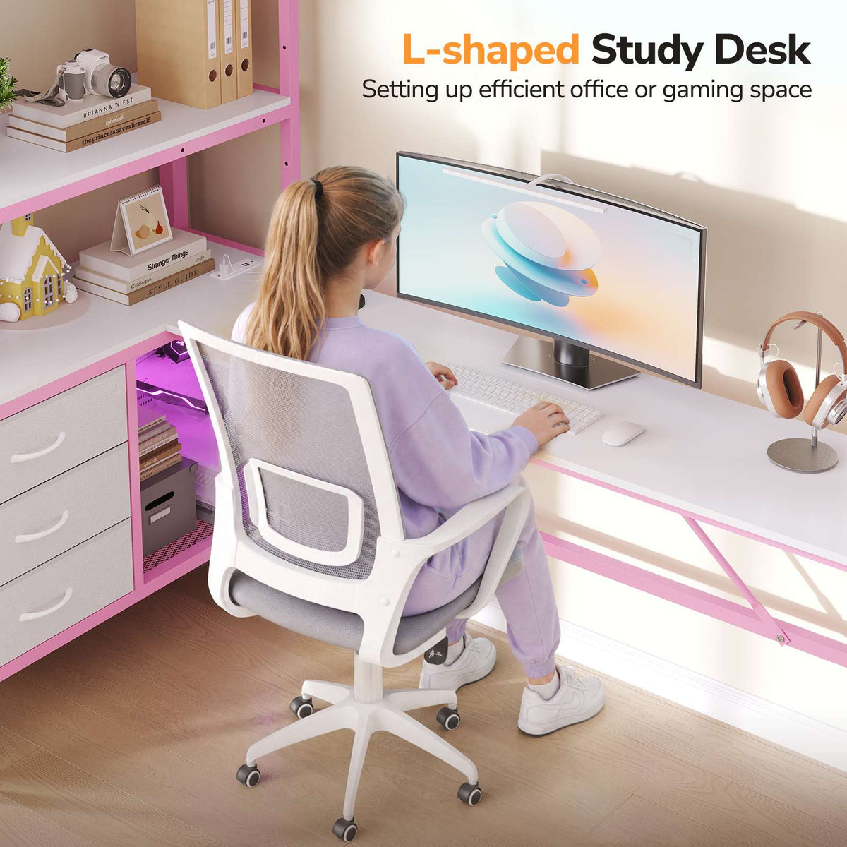 DICTAC | Loft Bed with L-Shaped Desk, Charging Station, LED Lights, Storage Shelves & Drawers - Pink