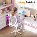 DICTAC | Loft Bed with L-Shaped Desk, Charging Station, LED Lights, Storage Shelves & Drawers - Pink