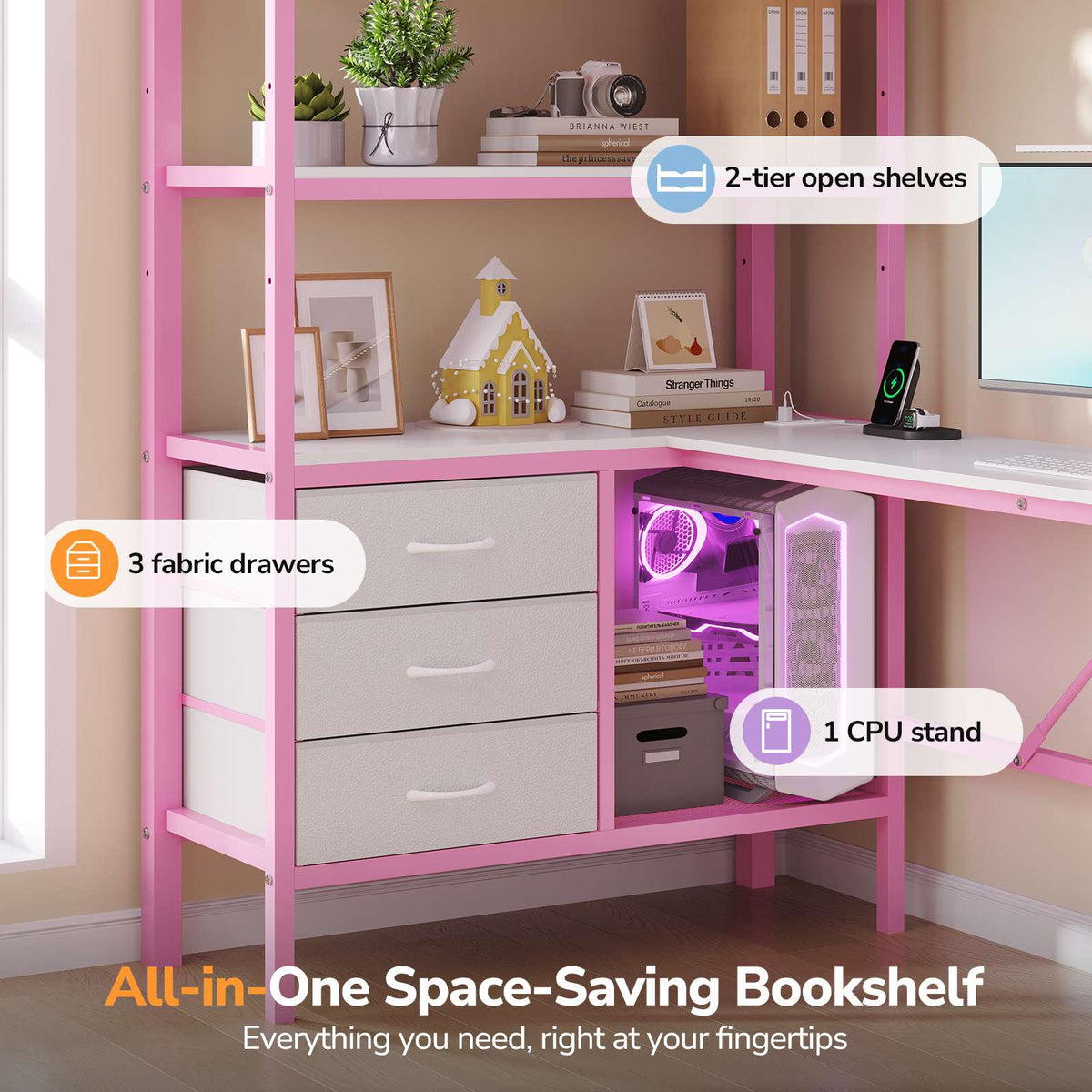 DICTAC | Loft Bed with L-Shaped Desk, Charging Station, LED Lights, Storage Shelves & Drawers - Pink