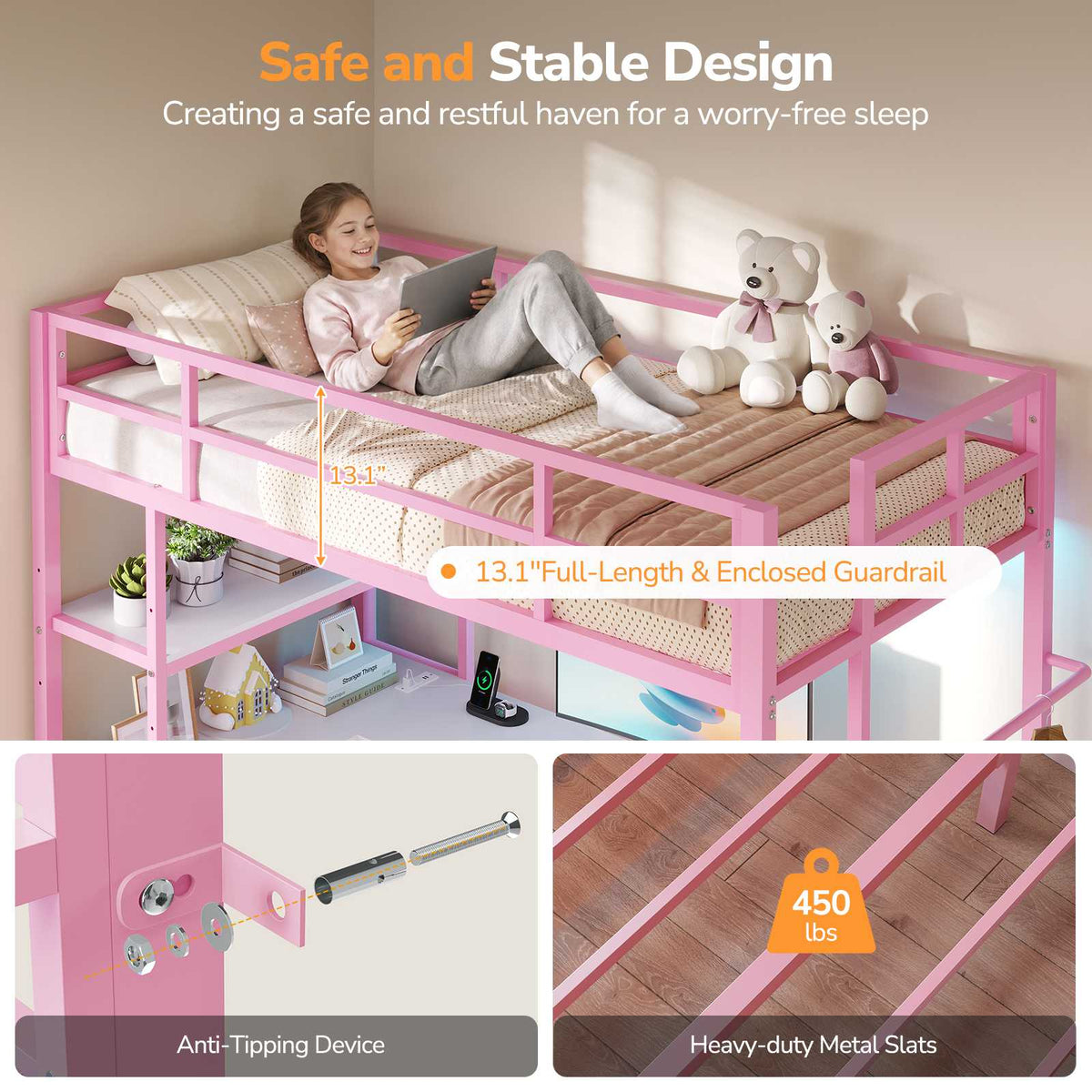 DICTAC | Loft Bed with L-Shaped Desk, Charging Station, LED Lights, Storage Shelves & Drawers - Pink