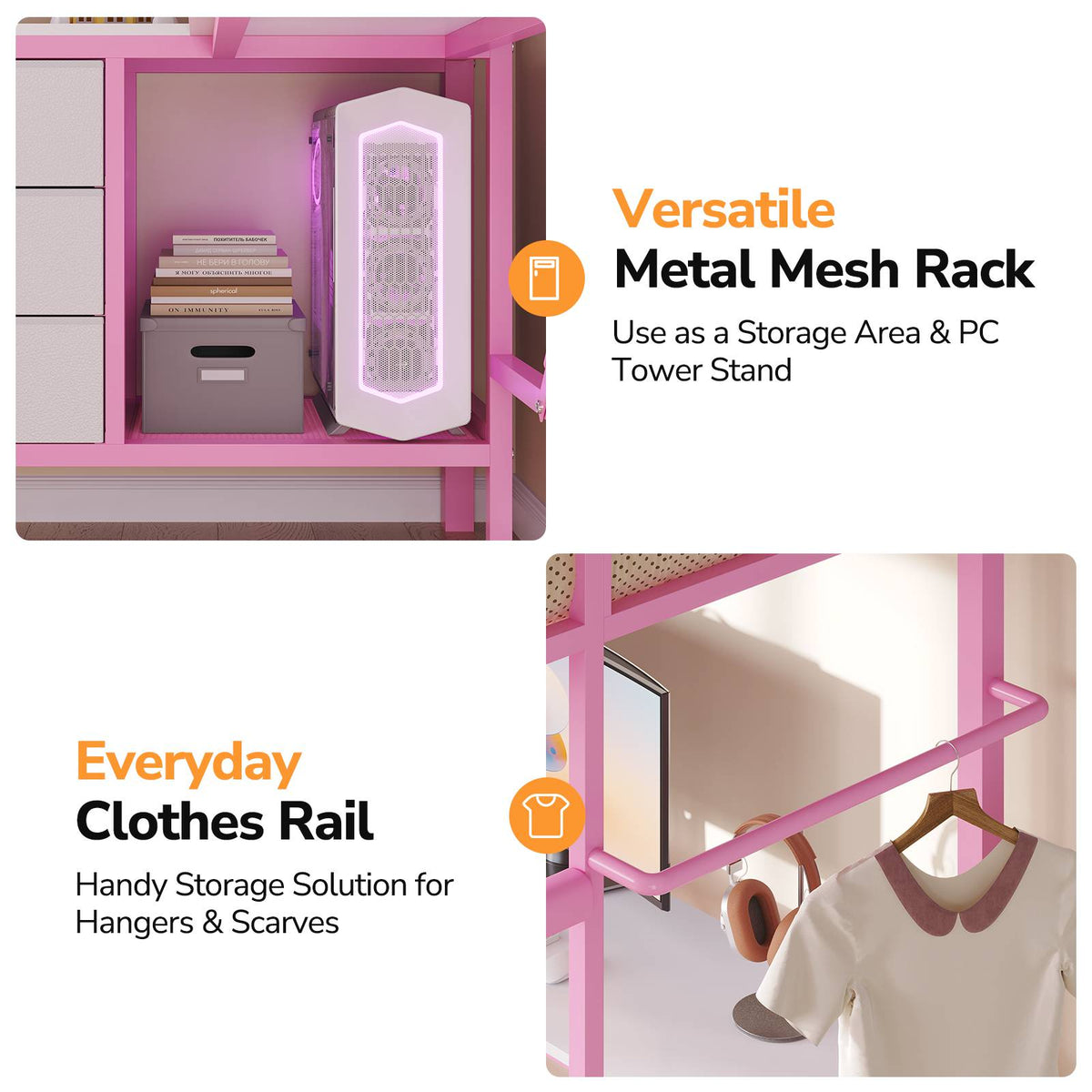 DICTAC | Loft Bed with L-Shaped Desk, Charging Station, LED Lights, Storage Shelves & Drawers - Pink