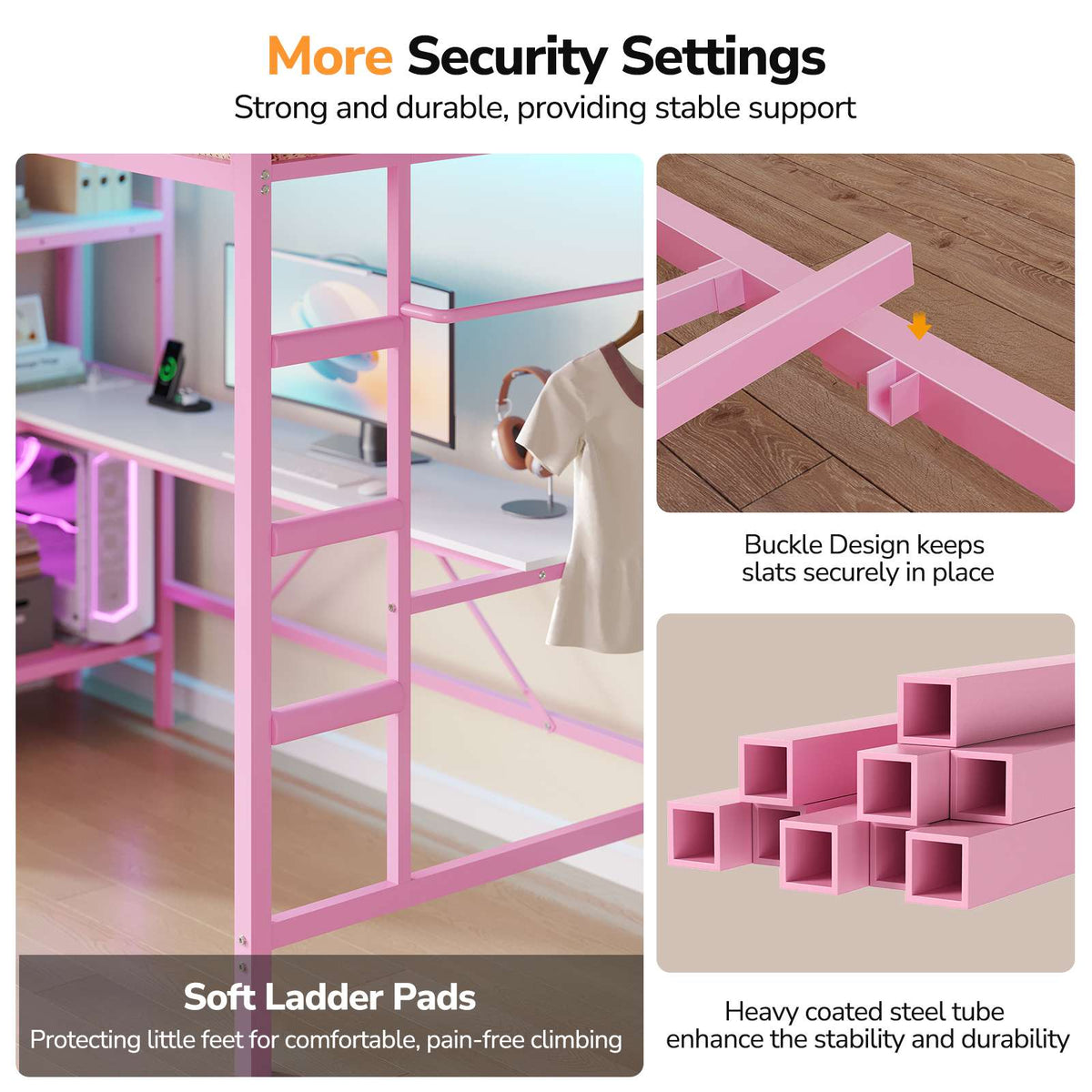 DICTAC | Loft Bed with L-Shaped Desk, Charging Station, LED Lights, Storage Shelves & Drawers - Pink